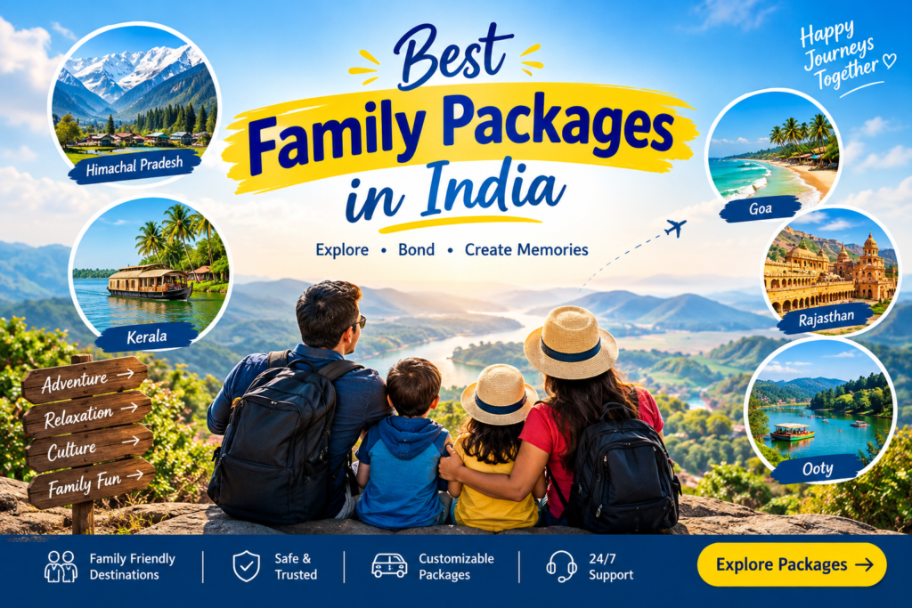 Best family packages in India featuring beautiful destinations like Himachal Pradesh, Kerala, Goa, Rajasthan, and Ooty.