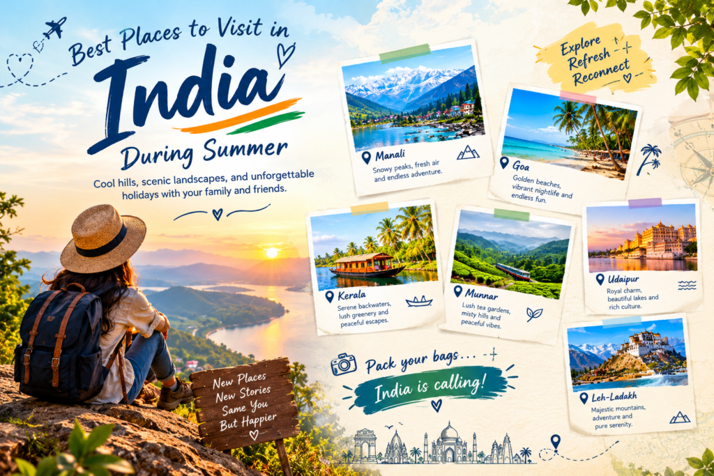 Best places to visit in India during summer, featuring Manali, Goa, Kerala, Munnar, Udaipur, and Leh-Ladakh.