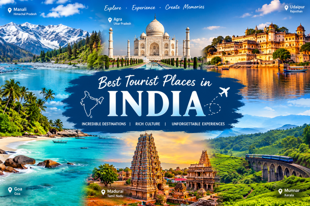 Best tourist places in India including the Taj Mahal, Manali, Goa, Udaipur, and Munnar