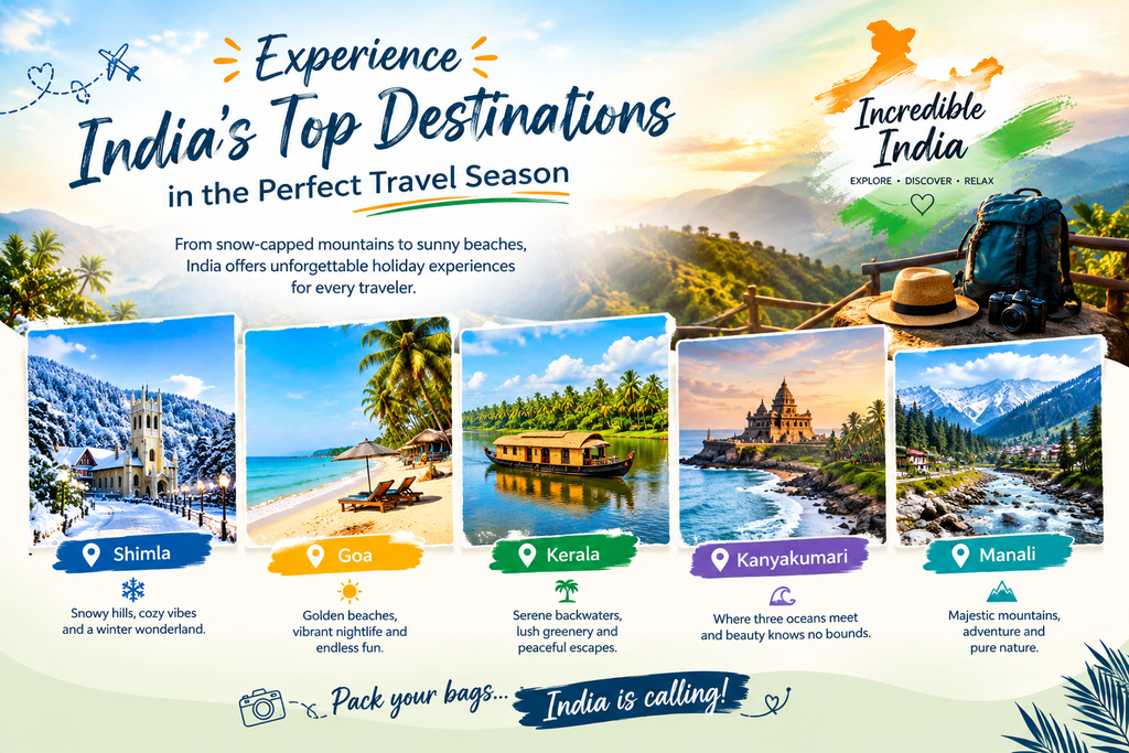 : Best time to visit India featuring snow-covered Himalayan mountains, lush green Kerala hills, and beautiful Goa beaches.