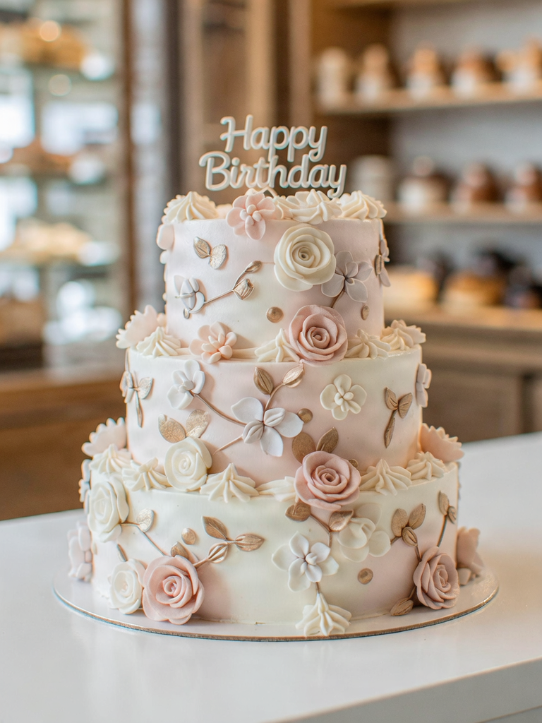 A stunning, freshly finished celebration cake on a bakery counter