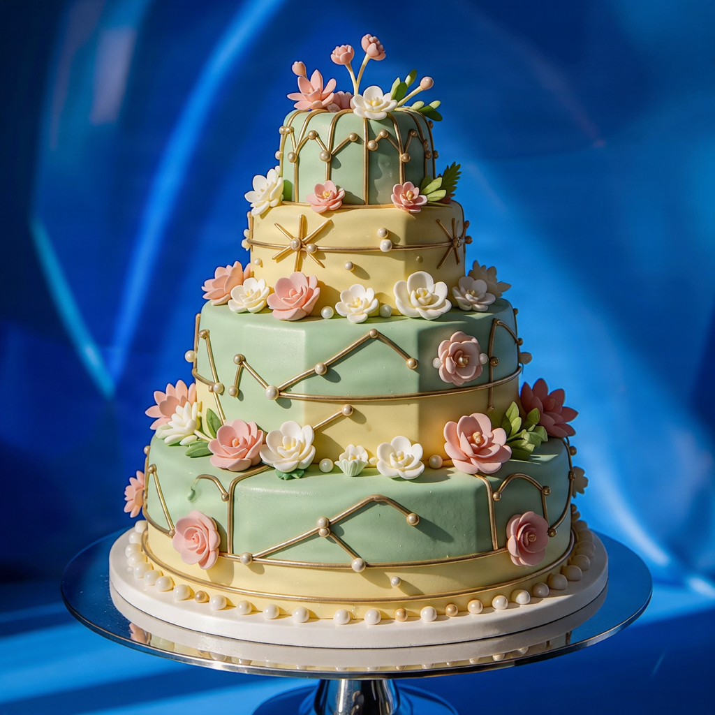 Custom celebration cake in an electric blue environment.