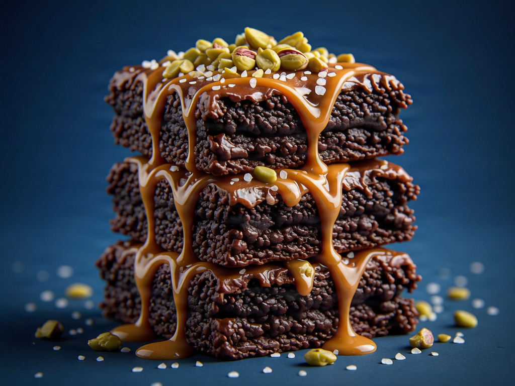 Decadent brownies on a sapphire blue background.