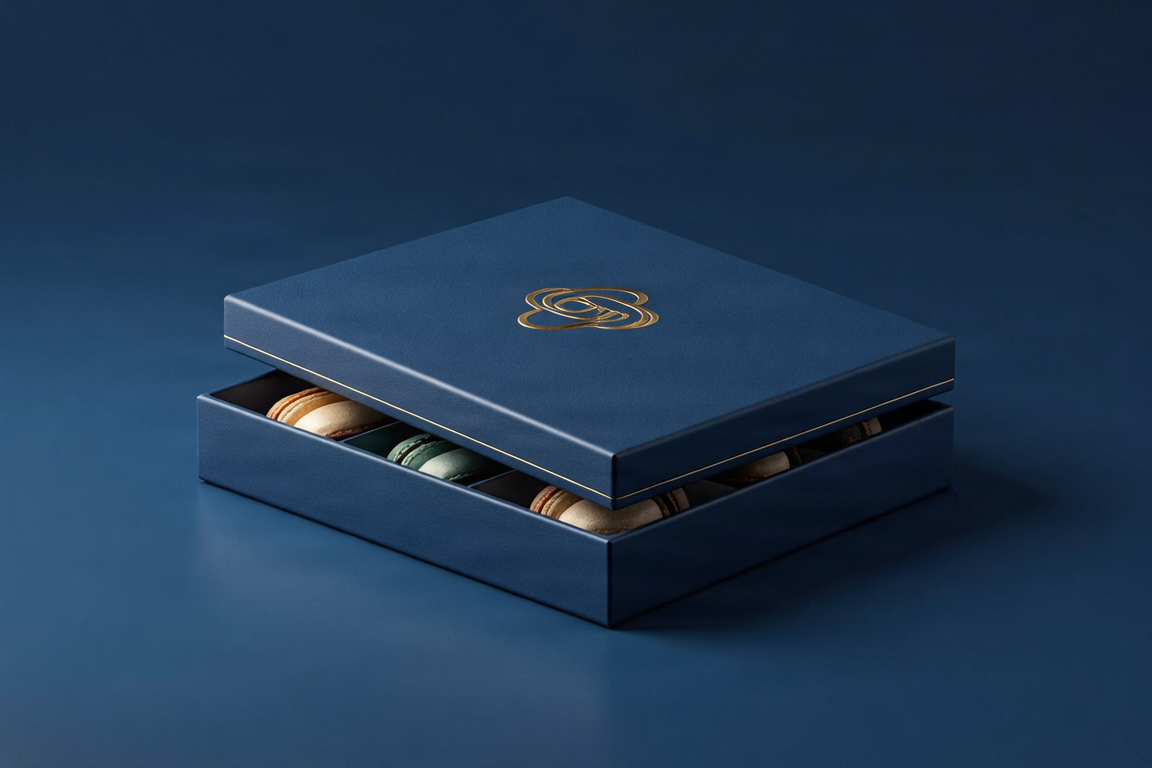 Artistic dessert box service image in blue.