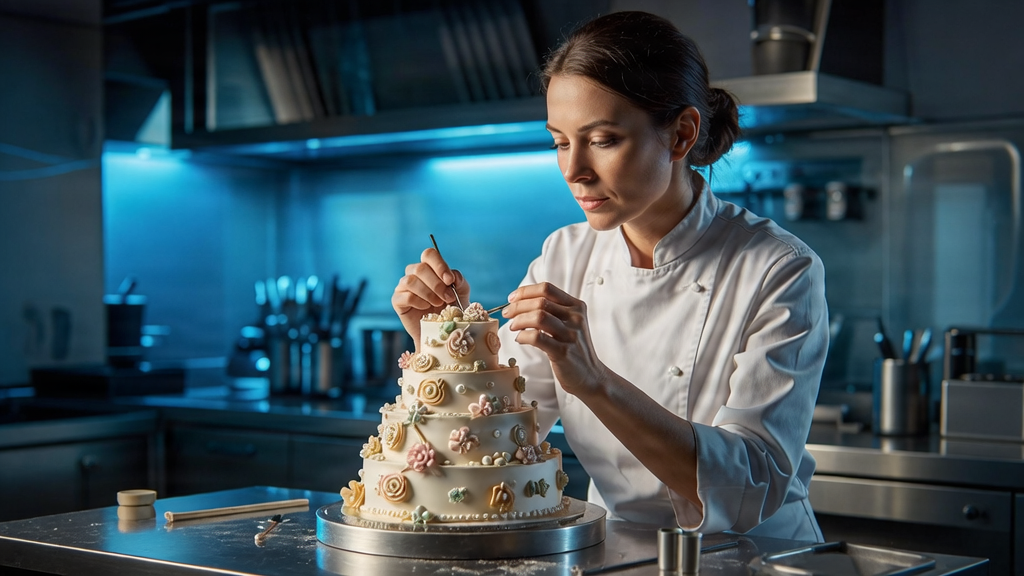 Professional baker decorating a cake in a blue cinematic kitchen.