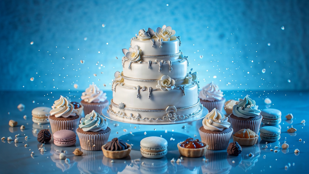 A luxury celebration cake floating in bright blue ambient light