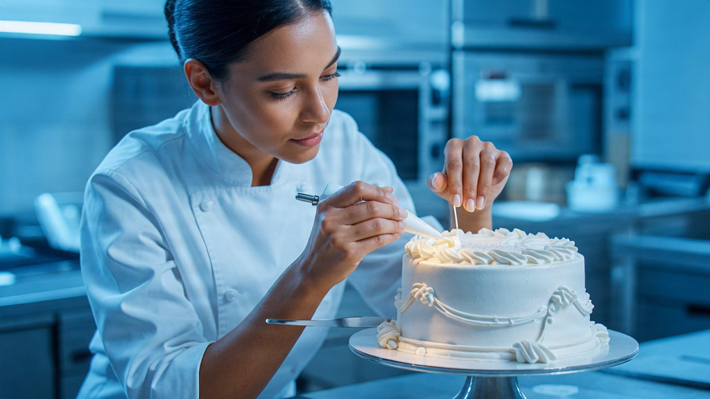 Baker decorating a celebration cake with frosting