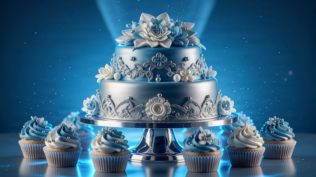 Luxury finished celebration cake on a premium stand, glowing blue background.