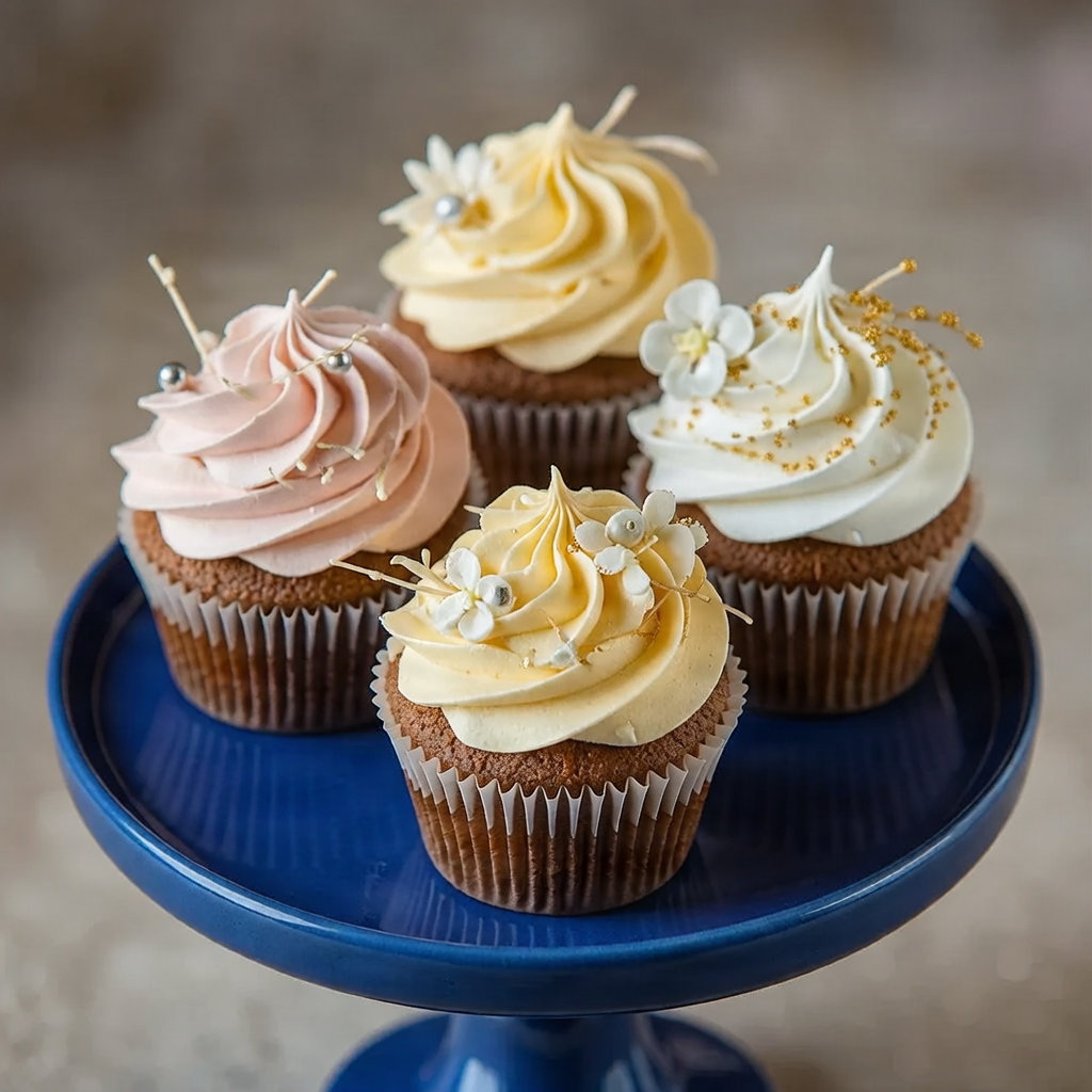 Delicious gourmet cupcakes on a royal blue stand